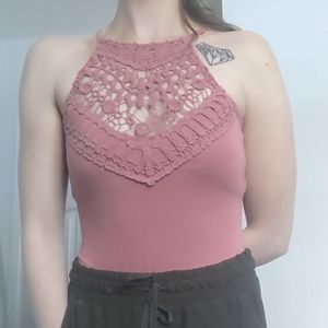 Bodysuit with v neck macrame design